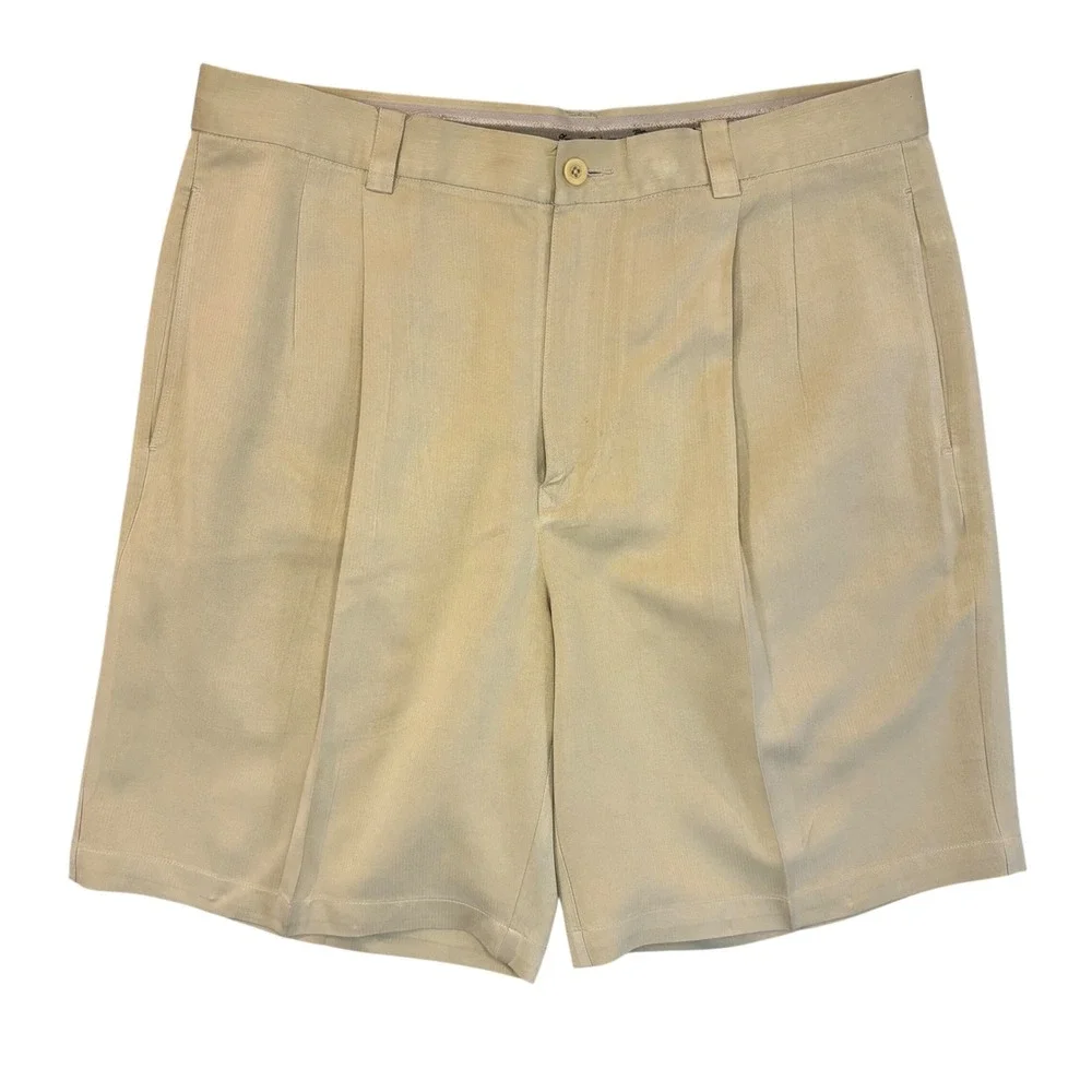 Vintage Tommy Bahama Mens 100% Silk Pleated Dress Shorts Tan Khaki 34x8.5